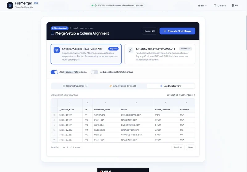 FileMerger — The live preview using FileMerger’s built-in demo files.