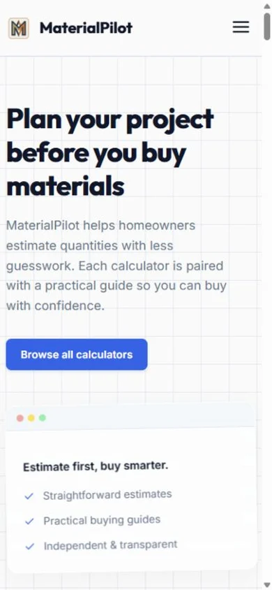 MaterialPilot — mobile homepage