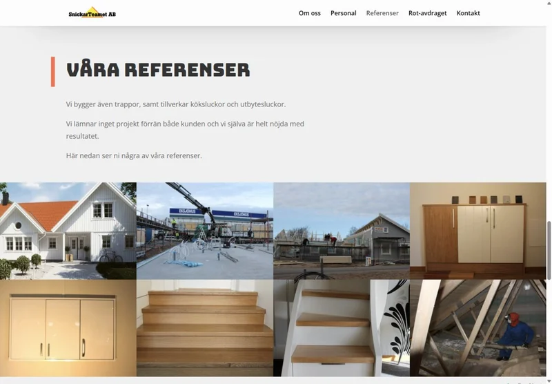 Snickarteamet — The references section and examples of completed work.
